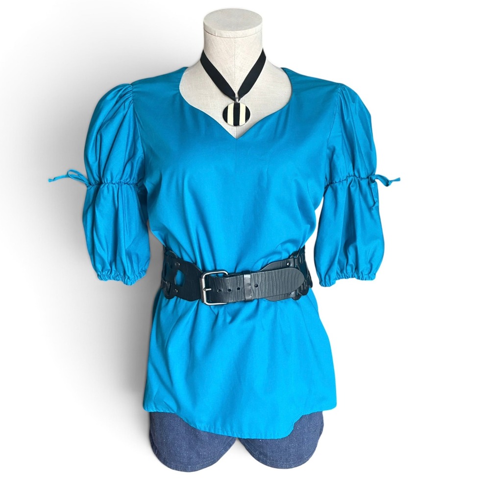 Vintage 70s Peasant Blouse Blue Poet Sleeve Boho Top Medium - Picture 2 of 9